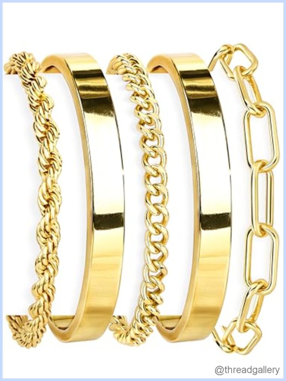 14K Gold Plated Sterling Silver Cuff Bracelet Set Stackable Beaded Cuban Rope